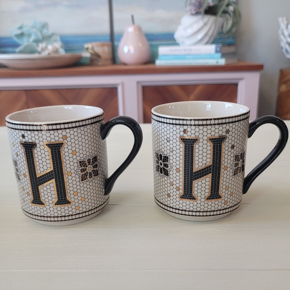 Anthropologie The Bistro Tile Stoneware Mug Set - The Monogram Edition